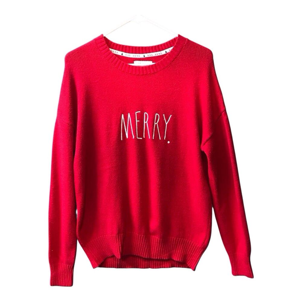 Rae Dunn Womens Sweater Christmas Red "Merry" Pullover Size Large
